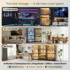 Display Cabinet with Glass Doors & LED Lights, 5 Tier Lighted Display Case for Figurines Collectibles, Tall Curio Storage Cabinet with Motion Sensor, 5 Shelves Living Room Bookcase (Black+Oak)