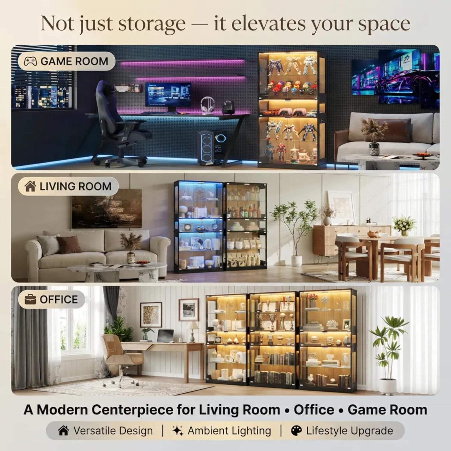 Display Cabinet with Glass Doors & LED Lights, 5 Tier Lighted Display Case for Figurines Collectibles, Tall Curio Storage Cabinet with Motion Sensor, 5 Shelves Living Room Bookcase (Black+Oak)