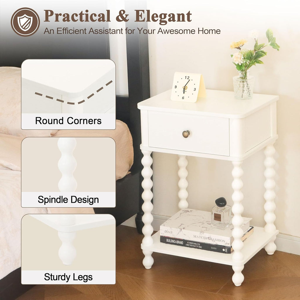 AWASEN White Nightstand, Small Side Table with Drawer for Living Room, Farmhouse End Bedside Table with Spindle Wood Legs for Bedroom, Office, White