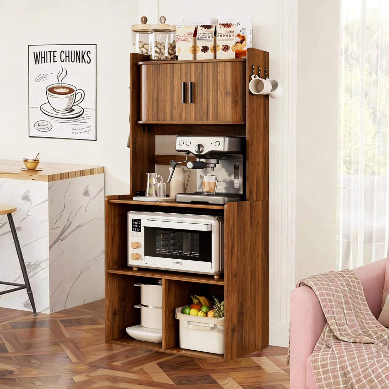 Kitchen Bakers Rack,Coffee Bar with Fluted Sliding Door,5 Tier Free Standing Kitchen Shelves Rack with 6 Hooks and Cable Holes,Microwave Stand for Small Spaces,Kitchen,Living Room