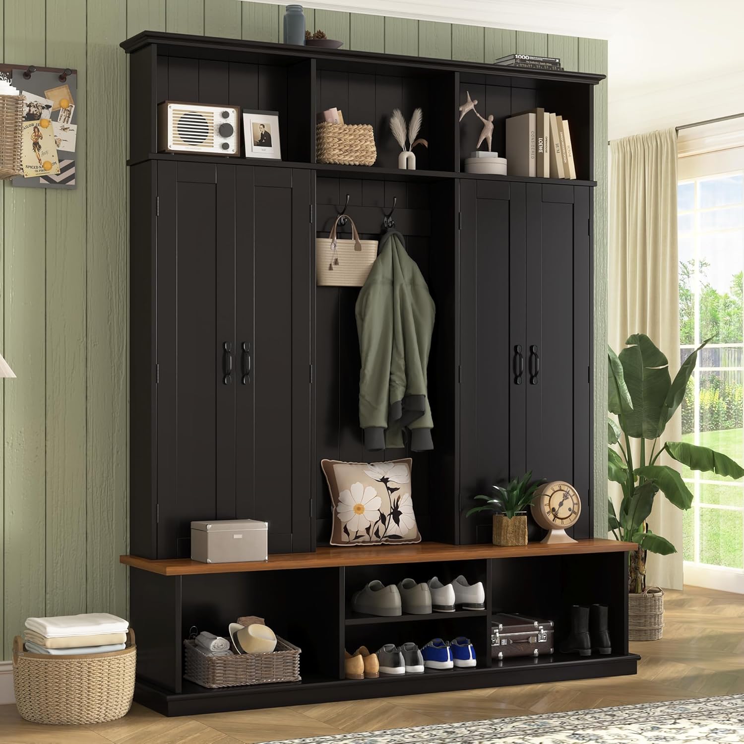 Hall Tree with Bench and Shoe Storage,Shoe and Coat Rack with Drawer and Hooks,Farmhouse Furniture for Entryway,Mudroom,Living Room,Black (Black, 62.2" W)