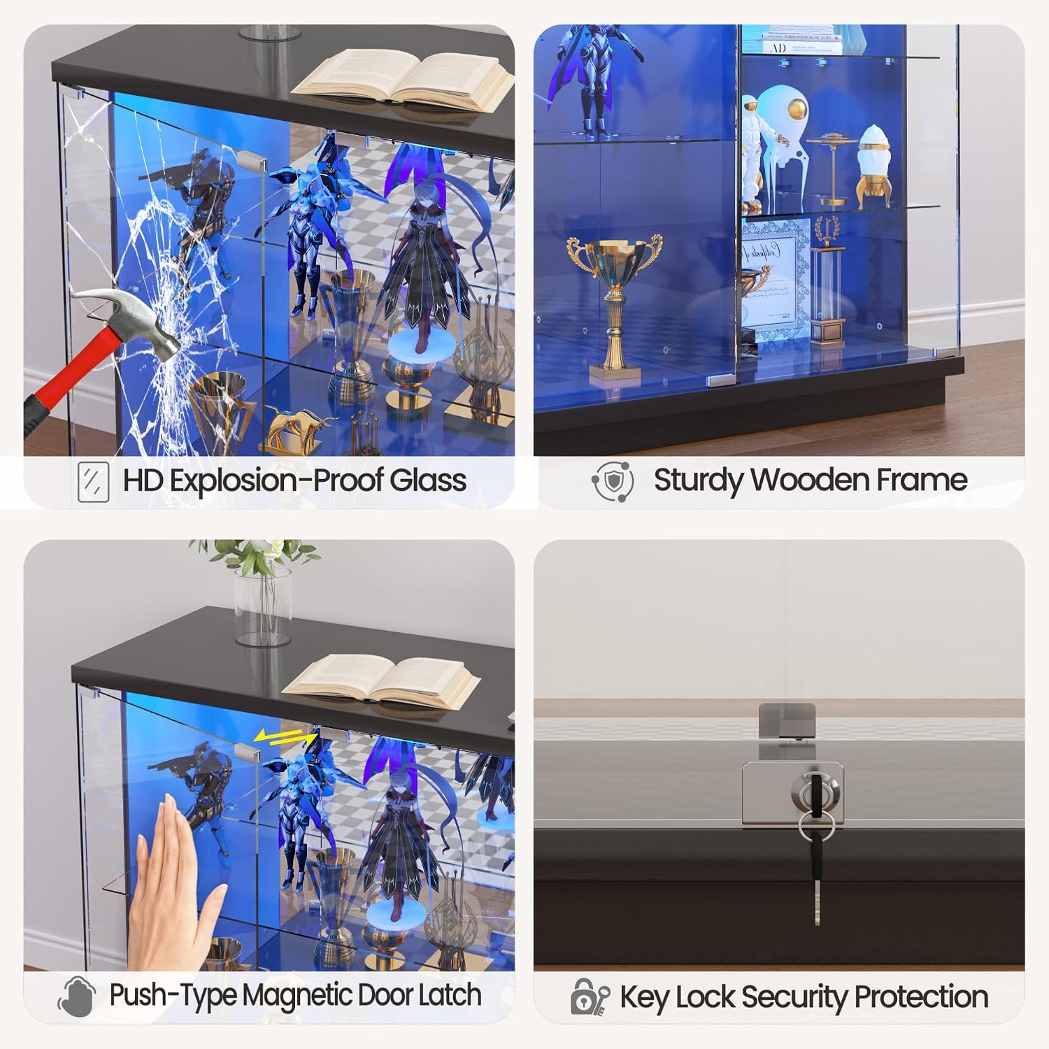 Gurexl 47.2" W Glass Display Cabinet with 3-Color LED Lights, 5-Tier Lockable Curio Cabinet with Human Body Sensor & Charging Station, Display Case for Collectibles, Living Room, Kitchen, Black