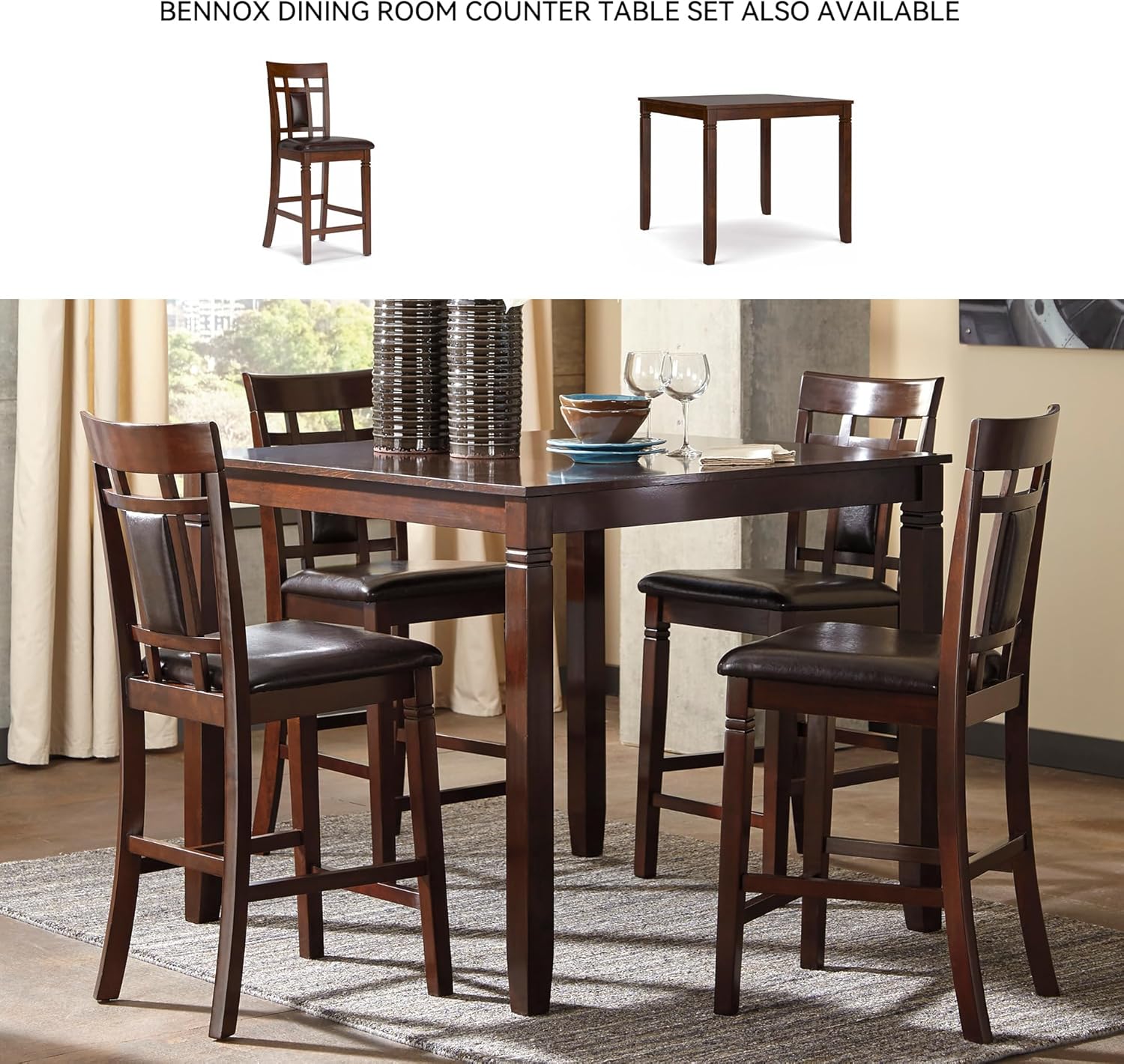 Signature Design by Ashley Bennox 6 Piece Dining Set with Upholstered Bench, Table & 4 Upholstered Chairs, Seats 6, Wood, Brown