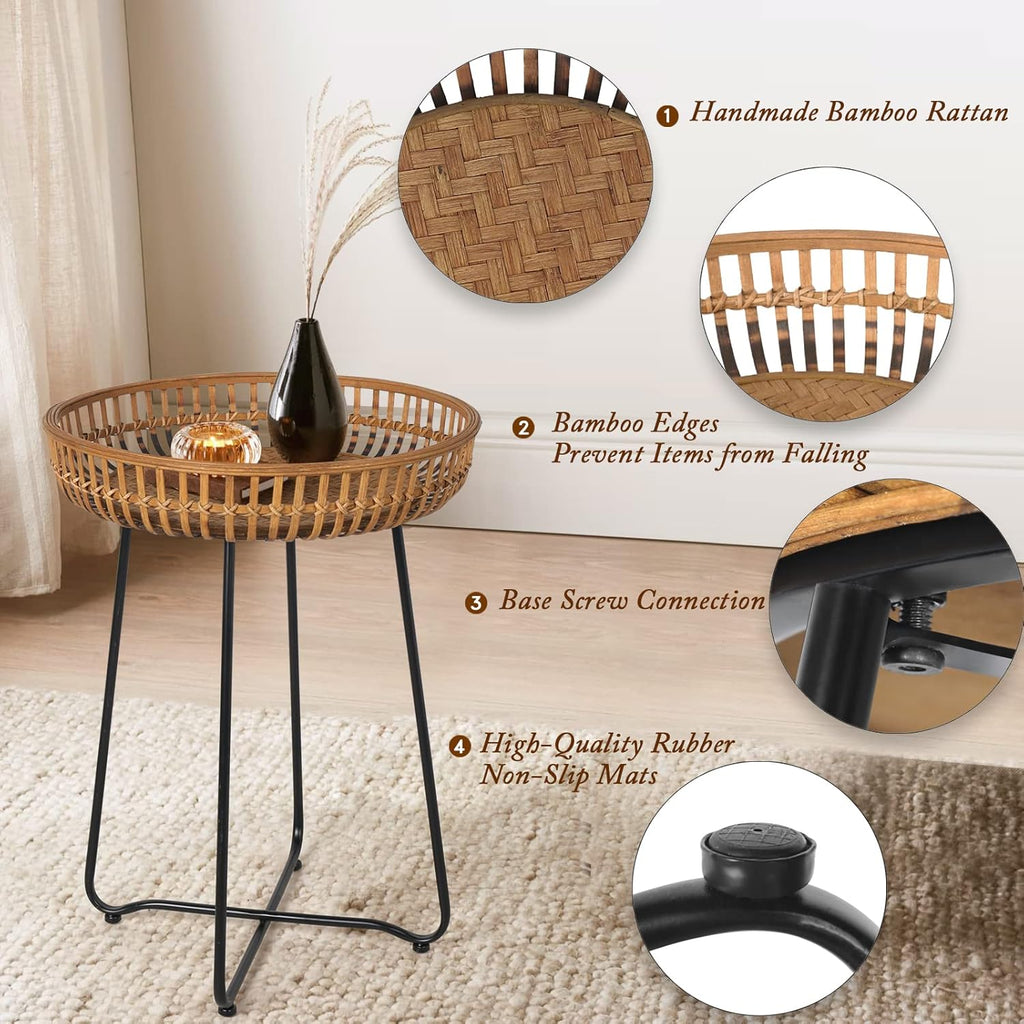 Oakrain Rattan End Table, Nesting Tables, Set of 2, Bamboo, Round, Metal Base, for Boho Living Room, Sofa, Bedroom, Terrace (18.11inch, Set of 2)