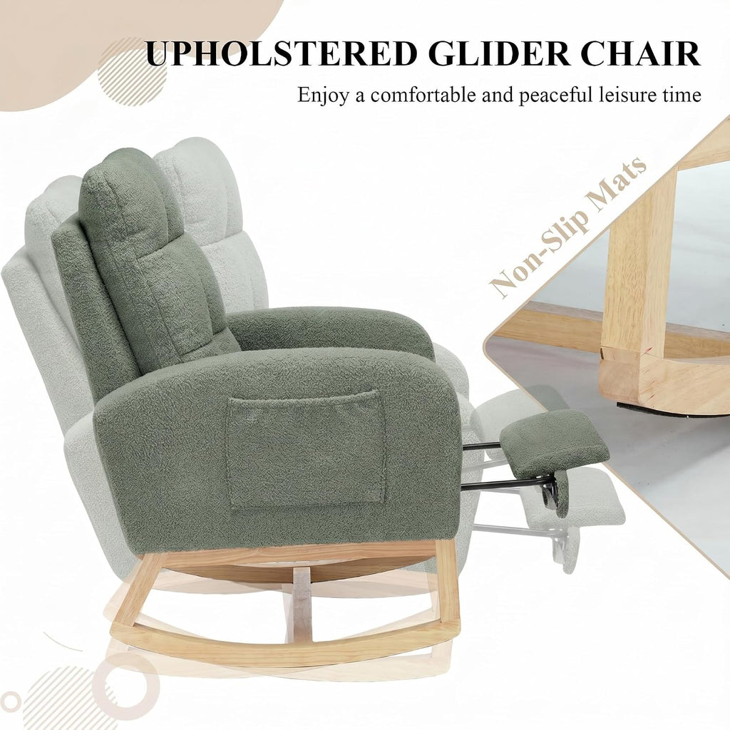 Nursery Rocking Chair, Polyester Upholstered Glider Chair with Footrest, Comfy Rocker Chair, Accent Chair with High Backrest, Glider Rocker, Armchair for Living Room (Green Teddy)