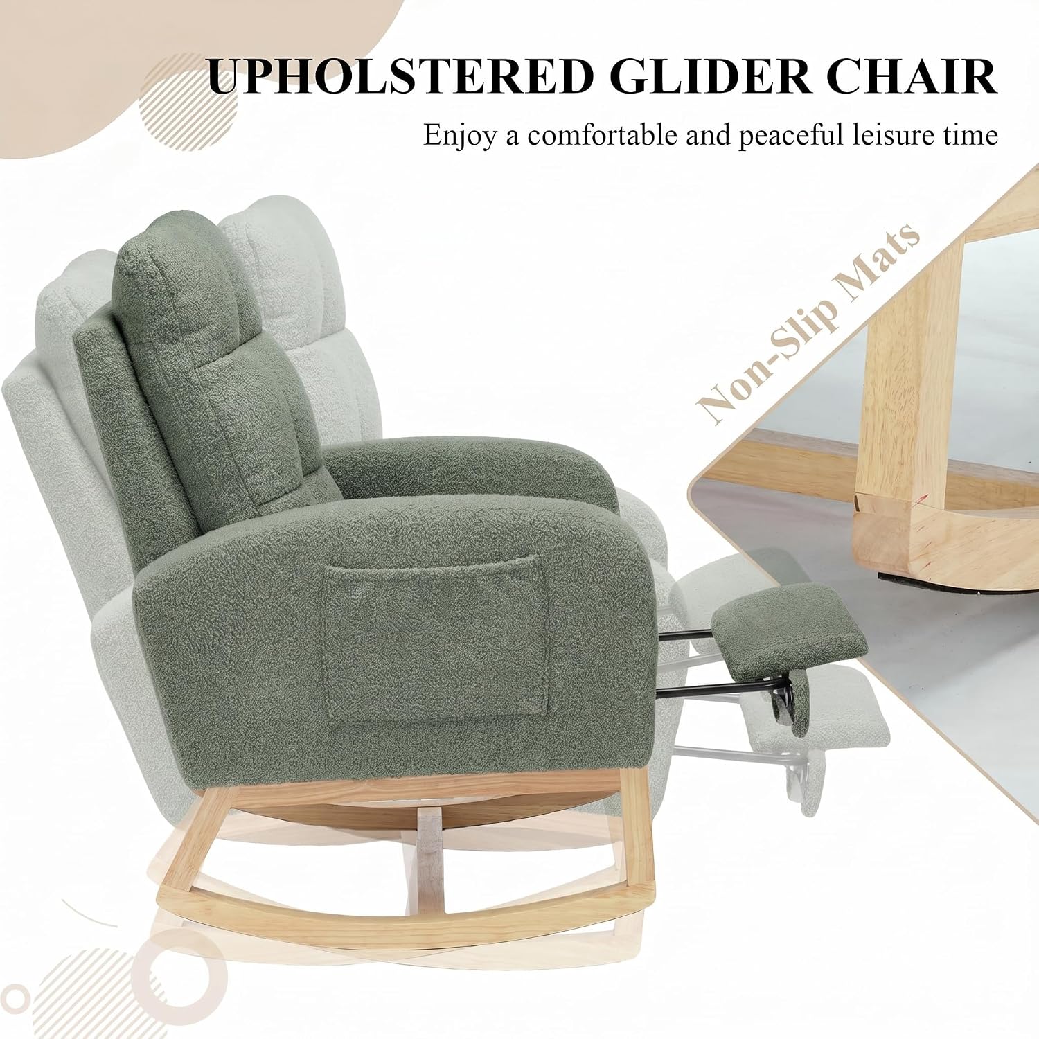 Nursery Rocking Chair, Polyester Upholstered Glider Chair with Footrest, Comfy Rocker Chair, Accent Chair with High Backrest, Glider Rocker, Armchair for Living Room (Green Teddy)