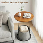 Manora 21.7" Round End Table, Modern Industrial Side Table Nightstand, Small Wood Top Accent Table for Living Room, Couch, Bedroom, Black Metal Legs, Rustic Brown (with a Basket)