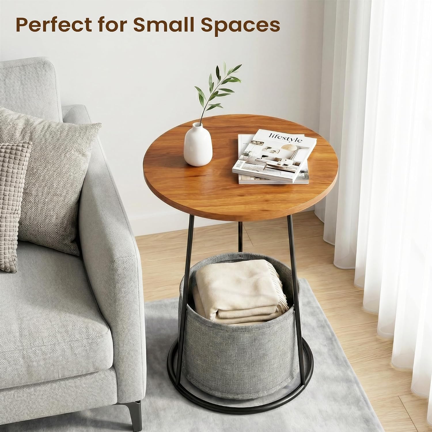 Manora 21.7" Round End Table, Modern Industrial Side Table Nightstand, Small Wood Top Accent Table for Living Room, Couch, Bedroom, Black Metal Legs, Rustic Brown (with a Basket)
