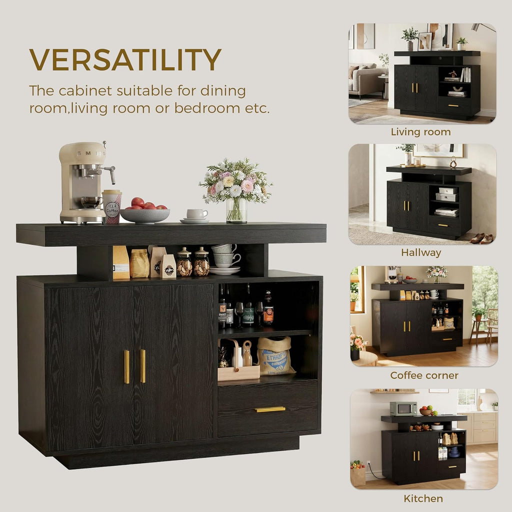 IRONCK Buffet Cabinet, Sideboard Cabinet with Power Outlet and LED Light, Modern Storage Cabinet with Drawer and Shelves, Black