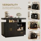 IRONCK Buffet Cabinet, Sideboard Cabinet with Power Outlet and LED Light, Modern Storage Cabinet with Drawer and Shelves, Black
