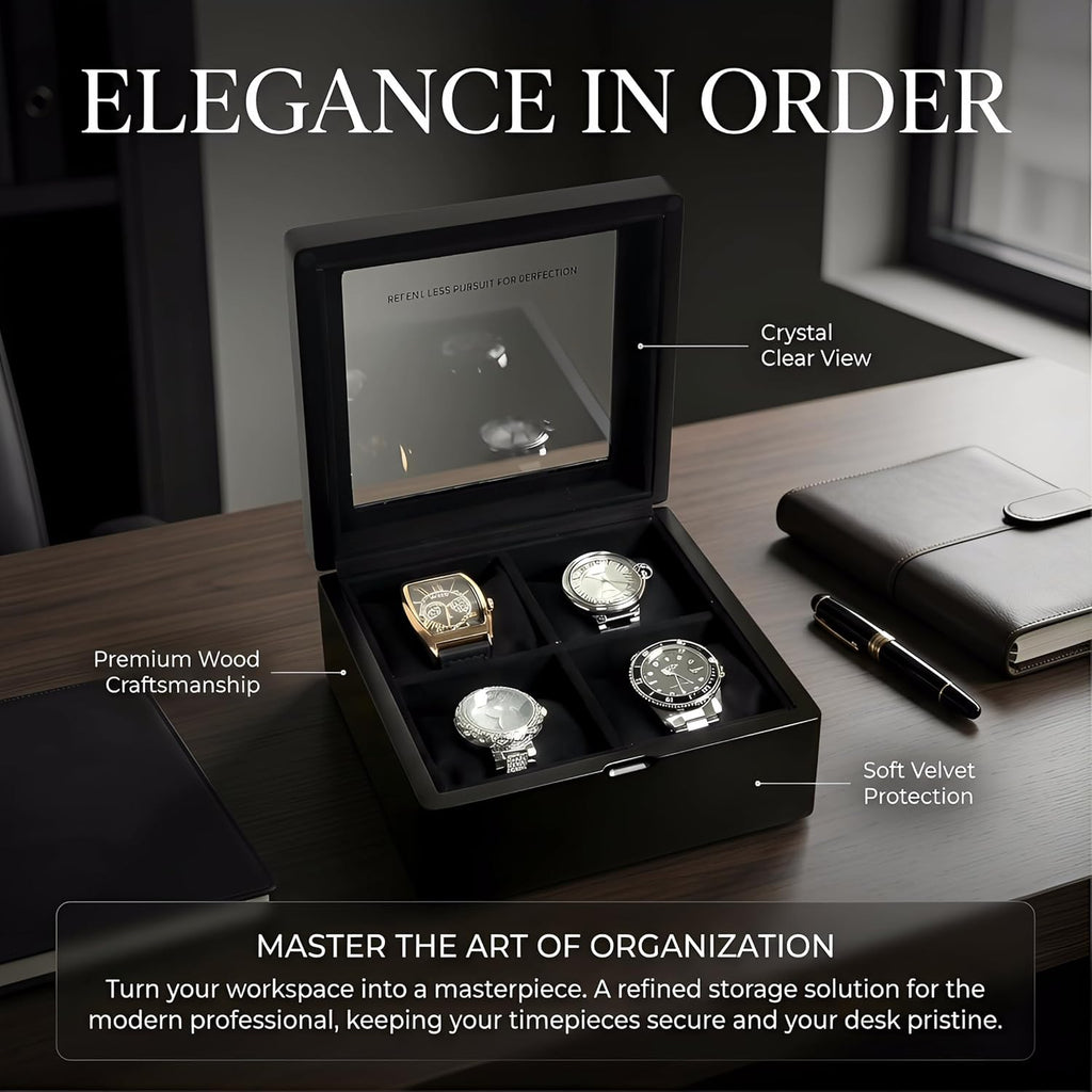 WB814-BK 4-Slot Walnut Wood Watch Box for Men with Glass Lid, Velvet-Lined Solid Wood Timepiece Storage Organizer Gift Idea