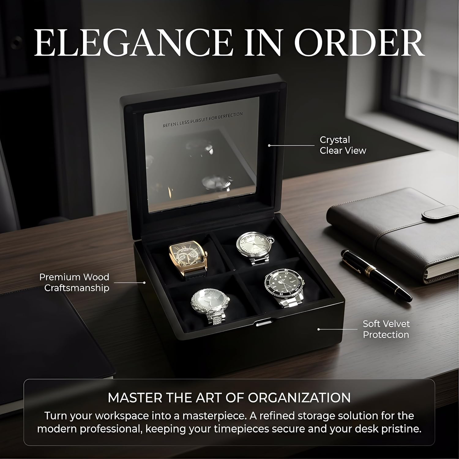 WB814-BK 4-Slot Walnut Wood Watch Box for Men with Glass Lid, Velvet-Lined Solid Wood Timepiece Storage Organizer Gift Idea