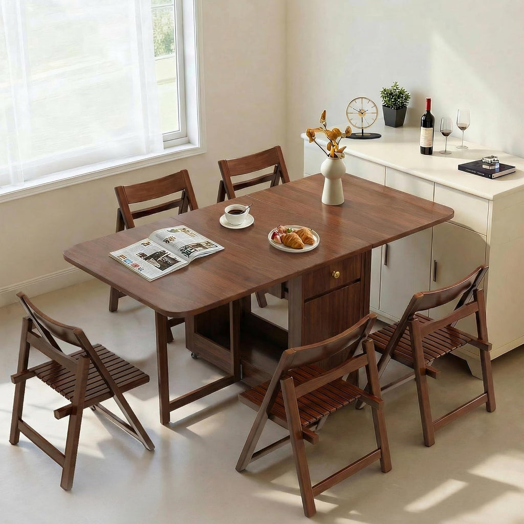 Small Drop Leaf Table - 51" Fully Assembled Folding Dining Table 4-6 Seater with Storage and Lockable Wheels, Space-Saving for Kitchen or Dining Room (Walnut)