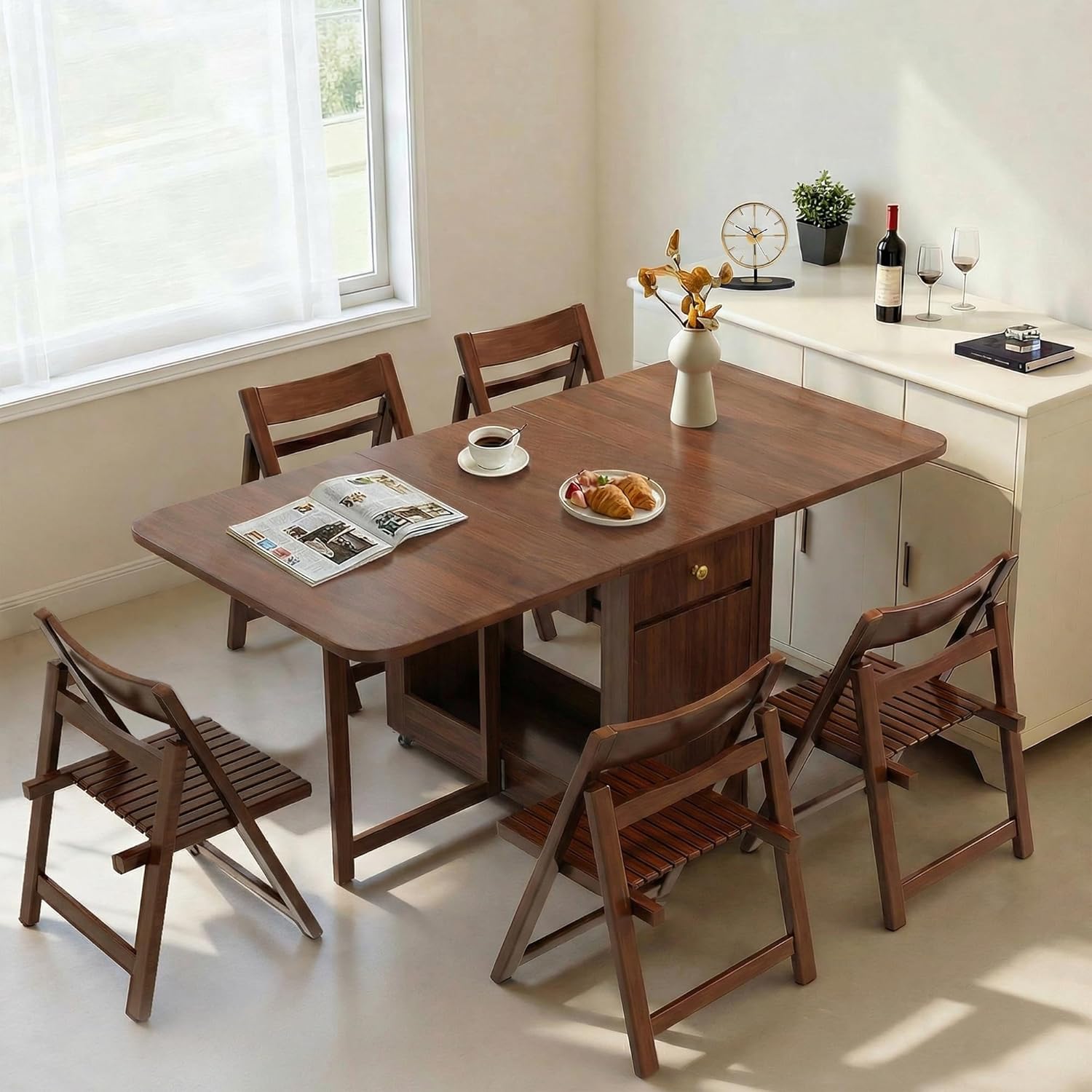 Small Folding Dining Table - 51" Fully Assembled Drop Leaf Table 4-6 Seater with Storage and Lockable Wheels, Space-Saving for Kitchen or Dining Room (Walnut)