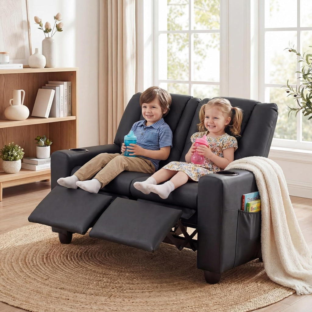 HONEY JOY 2-Seater Kids Recliner, Double Toddler Loveseat Sofa w/2 Cup Holders, 2 Side Pockets, Adjustable Backrest & Footrest, PU Leather Children Couch for Boys Girls Age 3+ (Black)