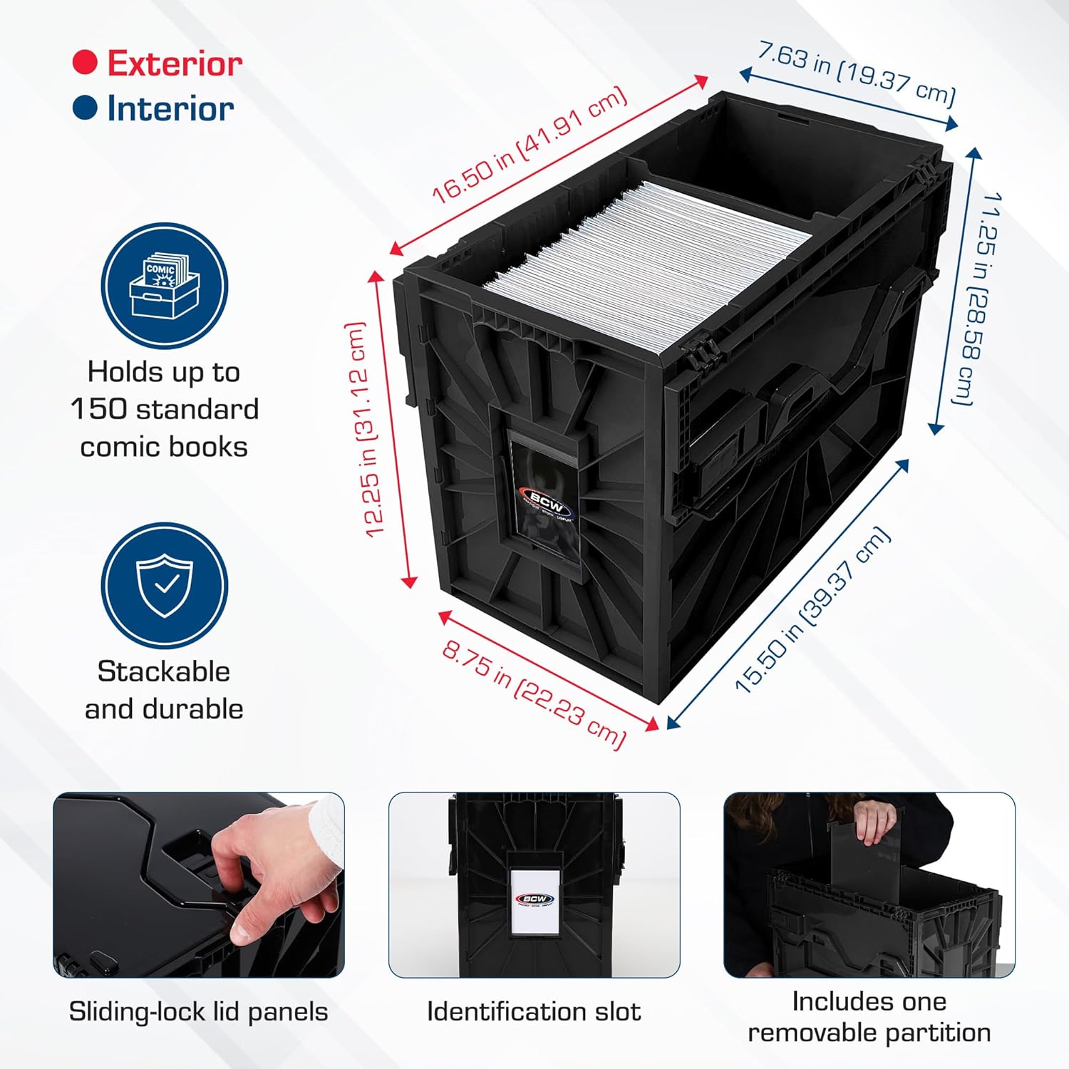 BCW Short Comic Book Bin | Holds 150 Comics | Stackable Plastic Storage | Acid-Free Organizer | Black, 10 Pack