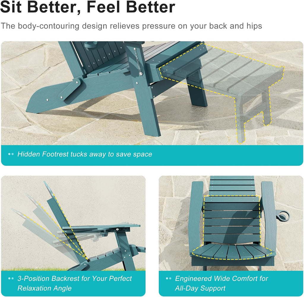 3-Position Adjustable Folding Adirondack Chair with Retractable Ottoman, HDPE Weather Resistant Patio Chair Set of 2 with Hidden Cup Holder for Lawn, Deck and Garden, Lake Blue
