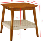 Small Side Table with Woven Shelf, Boho Mid-Century Bedside Table with Storage for Living Room, Couch, Patio, Office