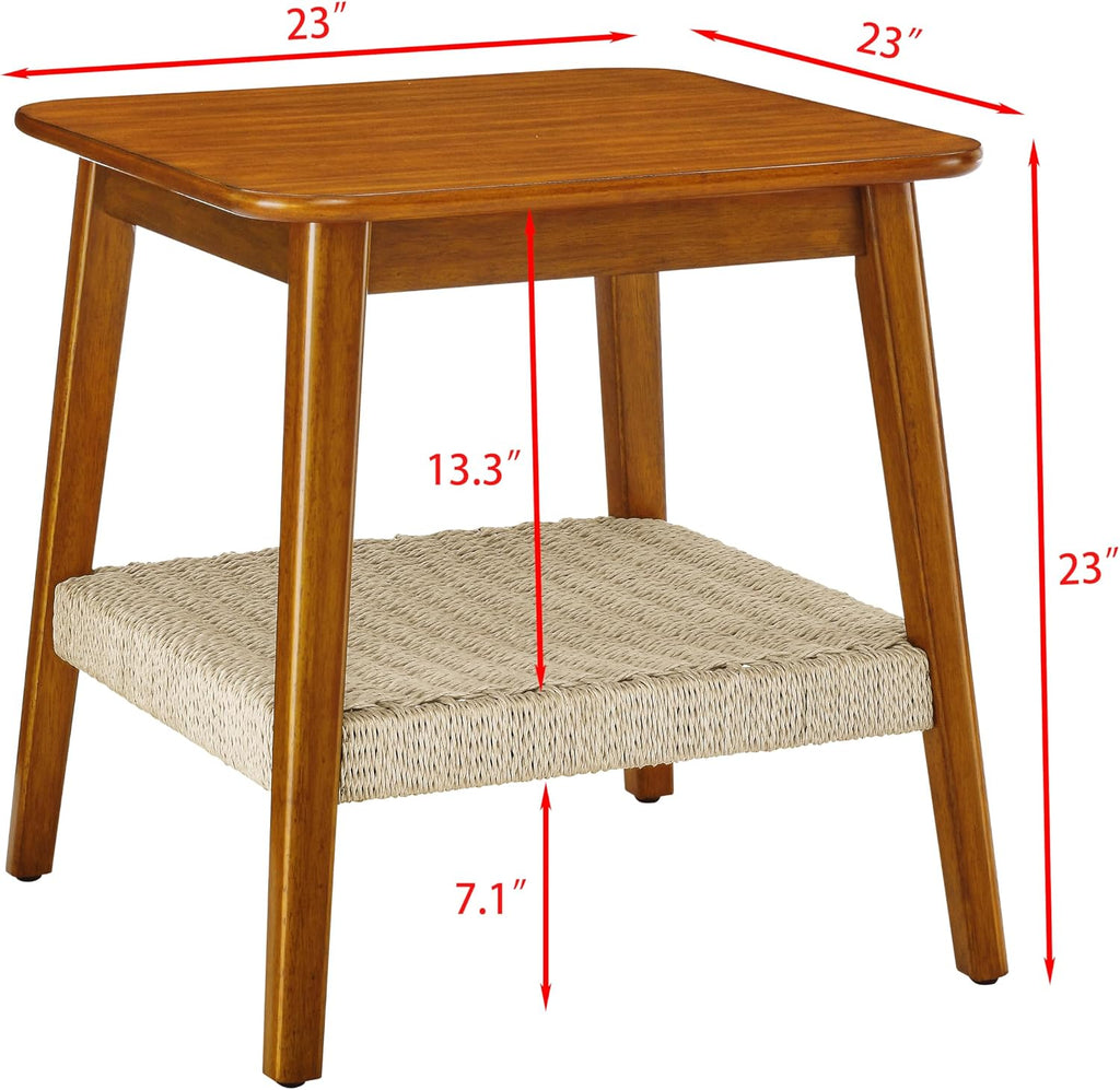 23" Mid-Century Side Table with Woven Shelf, Boho Side Table with Storage, Compact Nightstand for Bedroom Living Room Couch Patio Home Office, Wooden Accent Table