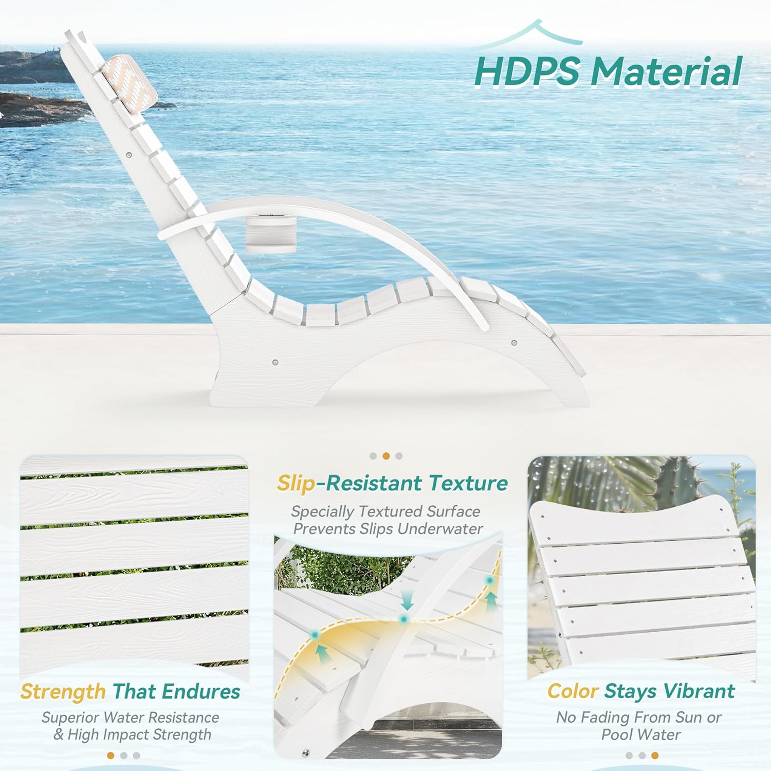 Pool Lounge Chairs Set of 2, Shallow Water 8-10 Inches Deep, HDPS Fade Resistant Pool Tanning Chair with Armrest, Cup Holder, Headrest, 330lbs Capacity, Outdoor Deck Sun Shelf Lounger, White