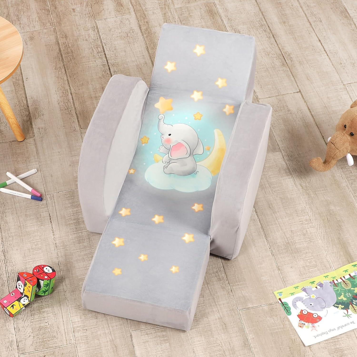 MOMCAYWEX Kids Sofa, 3-in-1 Flip Open Toddler Couch, Comfy Kids Lounger, Velvet Fabric, Grey