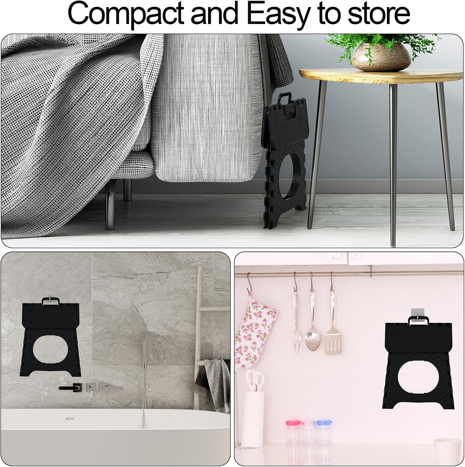 Folding Step Stool, 10 inch Non-Slip Foldable Stools, Step Stool with Handle, Lightweight for Kitchen, Bathroom, Bedroom, Garden, Black, 2 PCS
