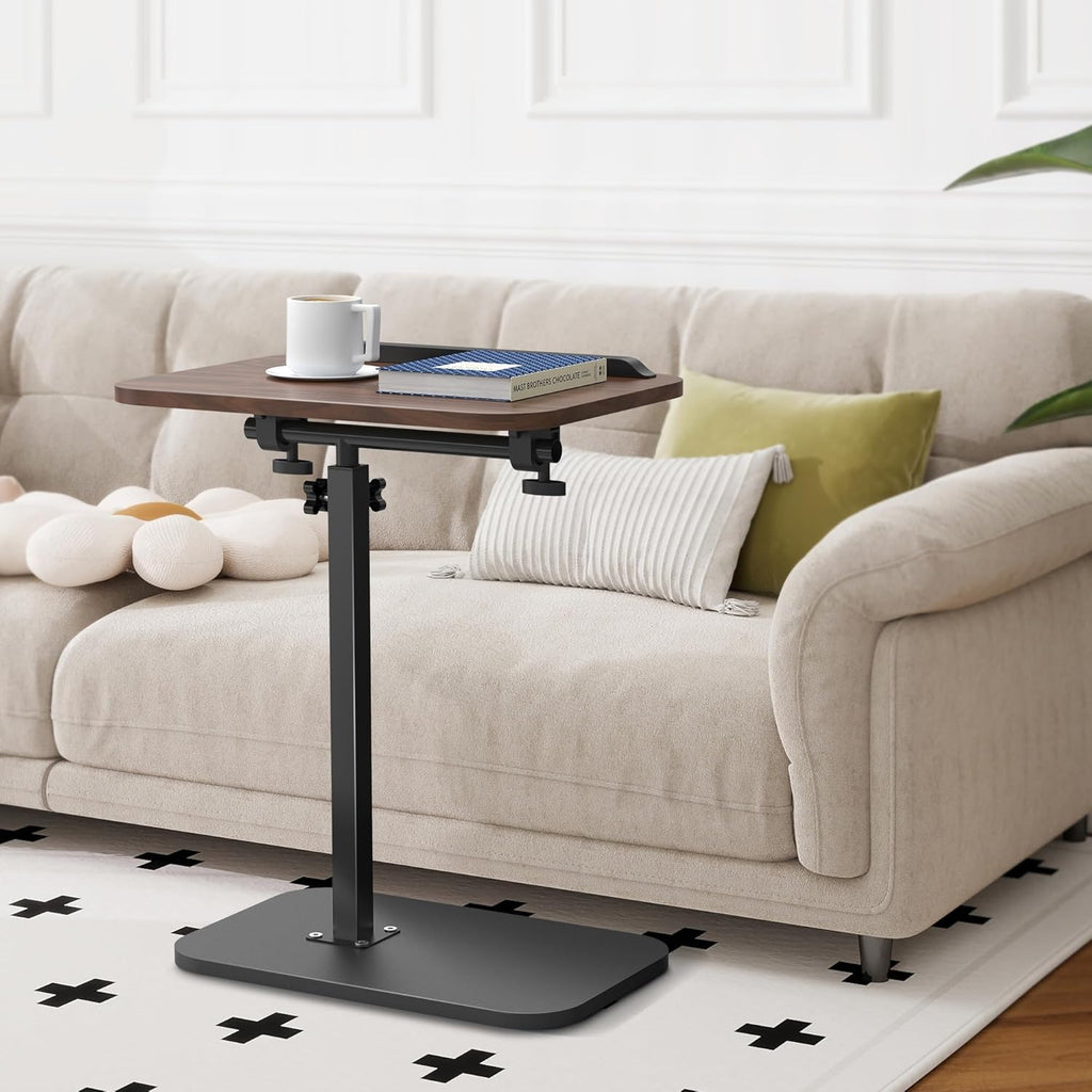 ENNVA Side Table for Couch, Adjustable Height C Shaped End Table, Narrow Sofa Side Table for Living Room & Bedside, Brown Wooden Top with Black Metal Base