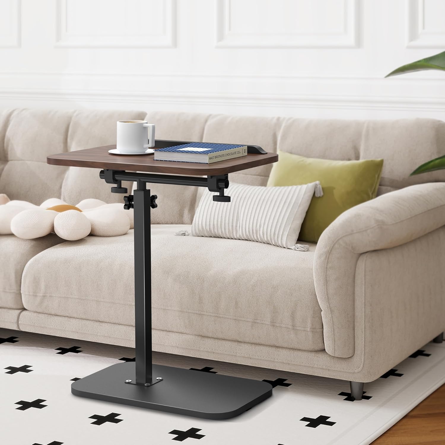 ENNVA Side Table for Couch, Adjustable Height C Shaped End Table, Narrow Sofa Side Table for Living Room & Bedside, Brown Wooden Top with Black Metal Base