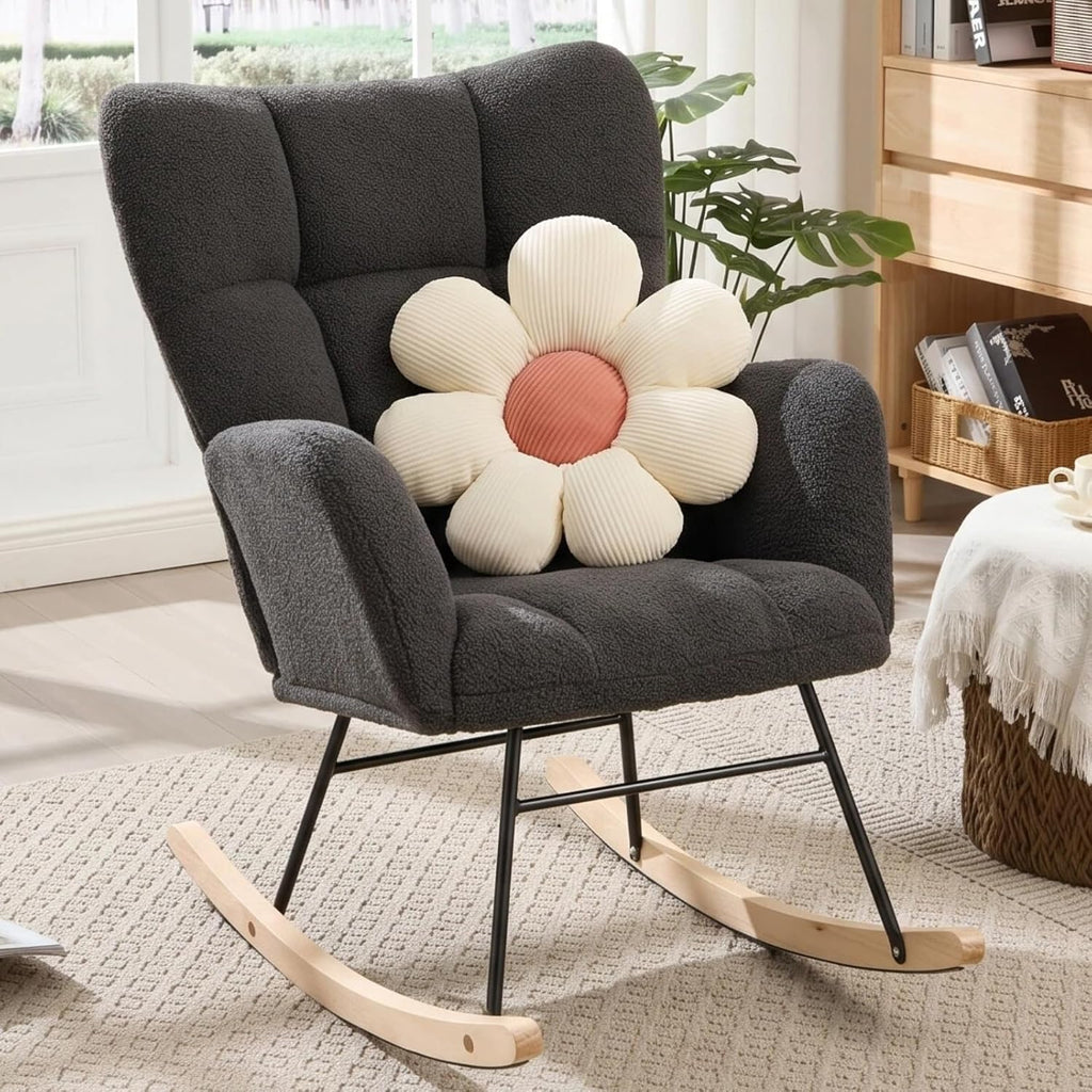 Rocking Chair Nursery, Teddy Upholstered Rocker Glider Chair with High Back, Rocker Recliner with Armrest, Gliding Chair with Thick Cushion, Accent Reading Chair for Bedroom (Dark Grey)
