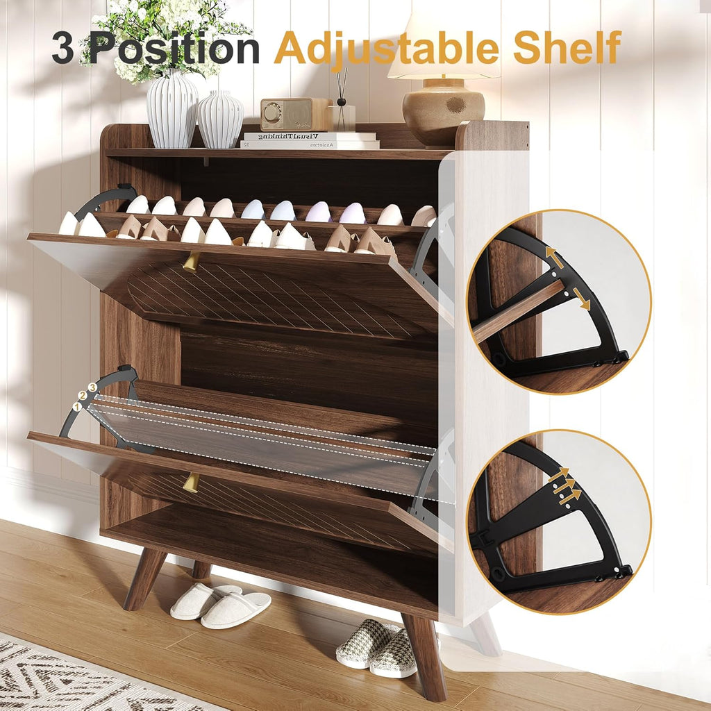 Decofy 37.6” Shoe Cabinet with 2 flip-Down Drawers, Three Adjustable Levels, Suitable for entryway, Hallway, and Living Room (Walnut)