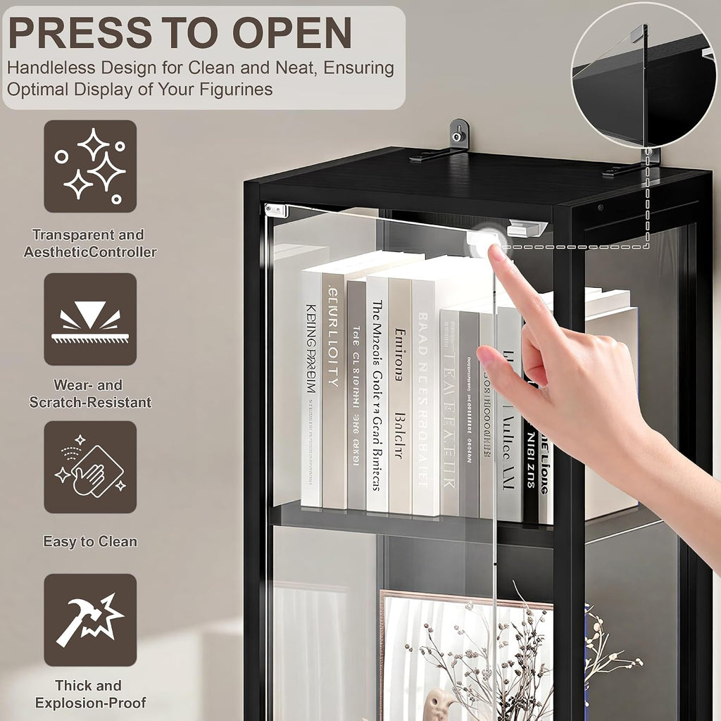 DreamDashio Display Cabinet with Glass Doors, 4-Tier Curio Cabinet with App RGB Lights for Collectibles, Display Case with Human Body Sensor, Corner Cabinet, Bookcase, Storage Cabinets, Black