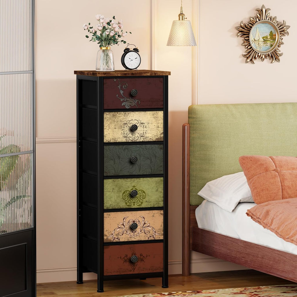 VASICAR Tall Dresser with 6 Drawers, Pattern Storage Drawer Units, Storage Tower Units, Fabric Dresser Nightstand for Bedroom, Hallway, Entryway, Closets, Dorm