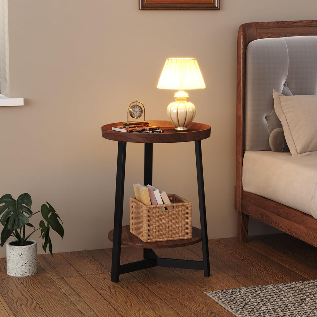 Industrial 2 Tier Round Side Table with Storage Shelf,Accent Tray End Table with Triangular Metal Support, Nightstand Bedside Sofa Table for Living Room, Bedroom, Balcony, Cherry