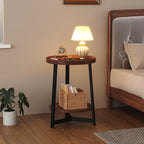 Industrial 2 Tier Round Side Table with Storage Shelf,Accent Tray End Table with Triangular Metal Support, Nightstand Bedside Sofa Table for Living Room, Bedroom, Balcony, Cherry