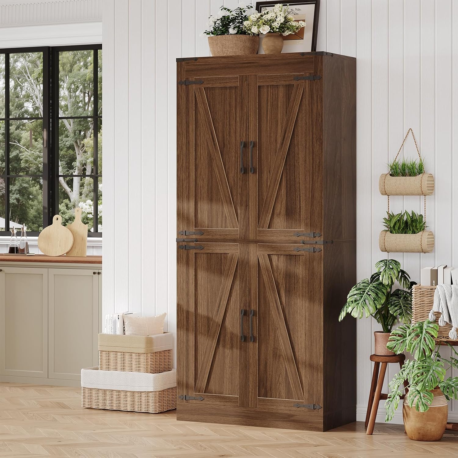GarveeHome 71 in Tall Farmhouse Kitchen Pantry Storage Cabinet with 4 Barn Doors and Adjustable Shelves, Freestanding Rustic Wood Cupboard Storage Cabinets for Kitchen, Dining Room, Bathroom, Brown