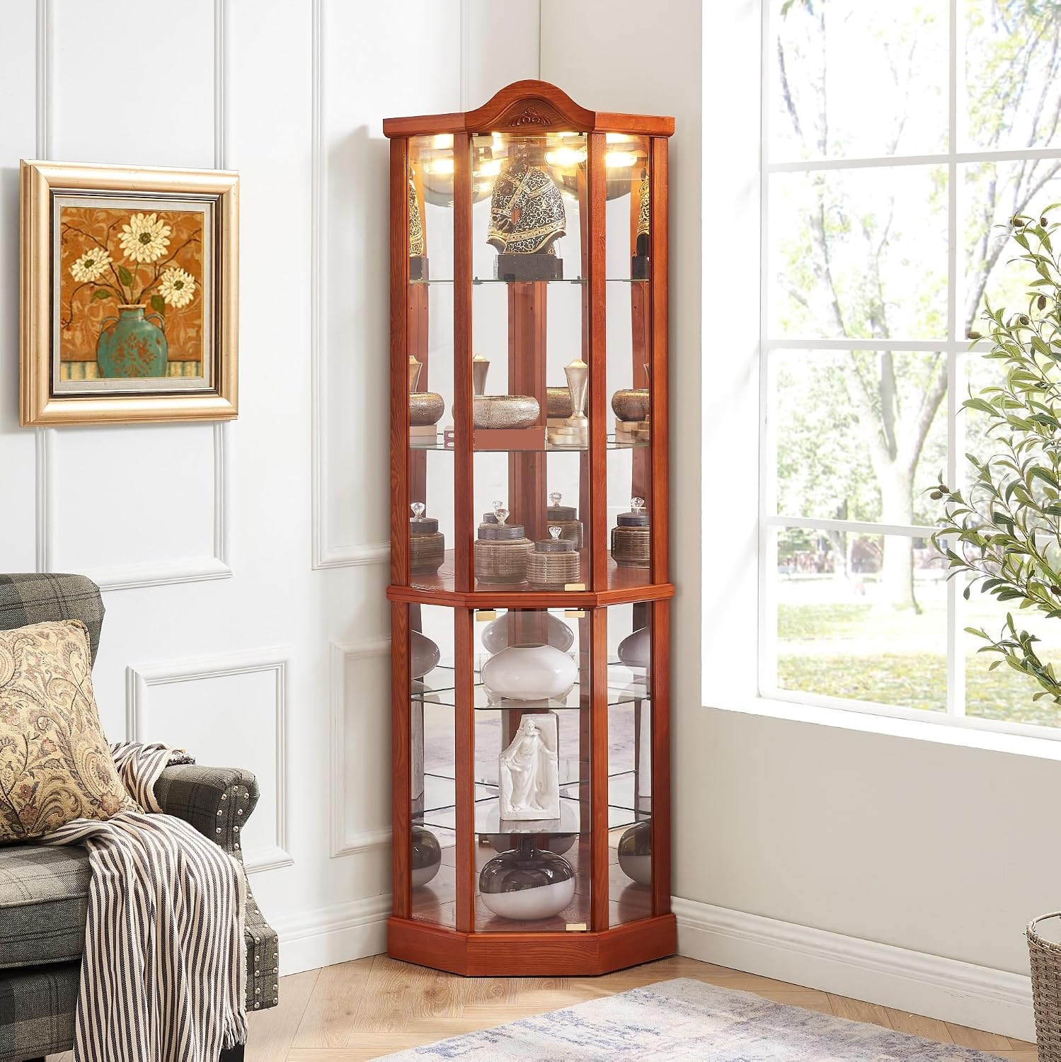 Classical Glass Cabinet Lighted, Wine Cabinet with Adjustable Glass Shelves, for Living Room Corridor,for Kitchen Home