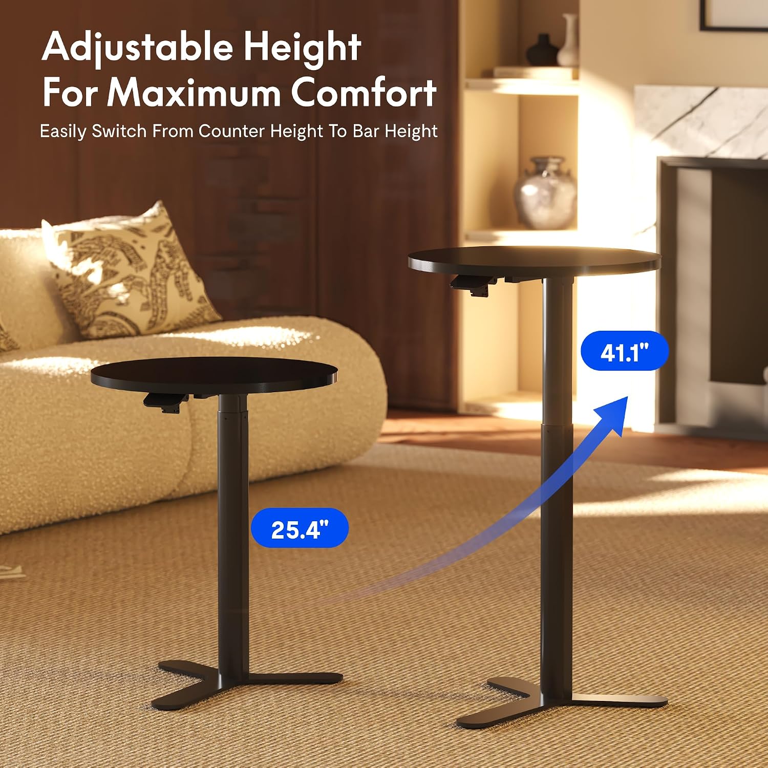 FLEXISPOT Gas Spring Adjustable Bar Table with One-Touch Lift, Flexible Height 25.8"–41.3", 19.7" Round High-Top Pub Table for Balcony, Kitchen, Apartment & Small Spaces (Black)