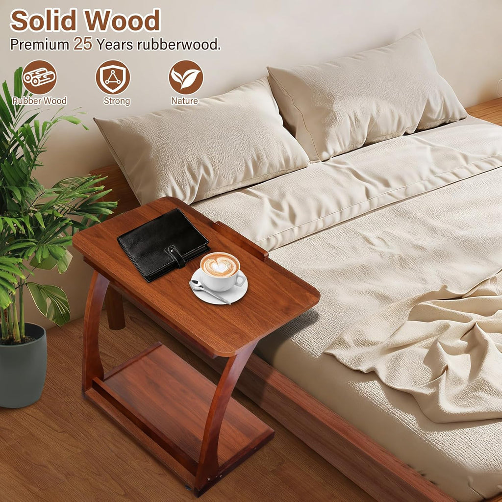 Redriver 24" C Shaped Side Table, Wooden C-Shaped End Table with 3 Adjustable Desktop & 2 Lockable Wheels, Small Couch Rolling Side Table for Living Room, Bedroom