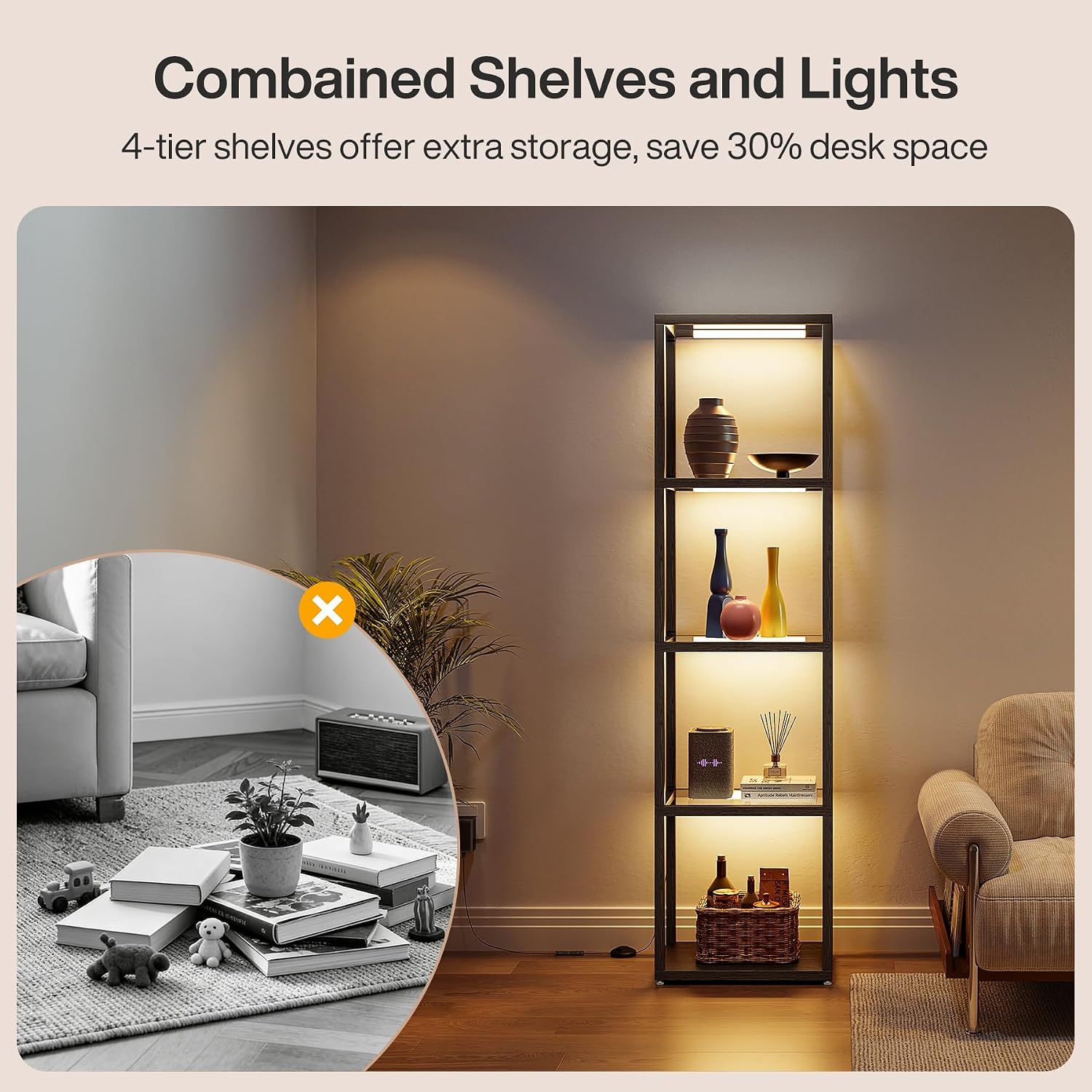 Tribesigns Display Shelf Floor Lamp with Shelves, Modern Black Glass Display Cabinet with Remote & 3 CCT Dimmable LED, Tall 5-Tier Wooden Conner Open Bookshelf Lamp for Bedroom Office Living Room