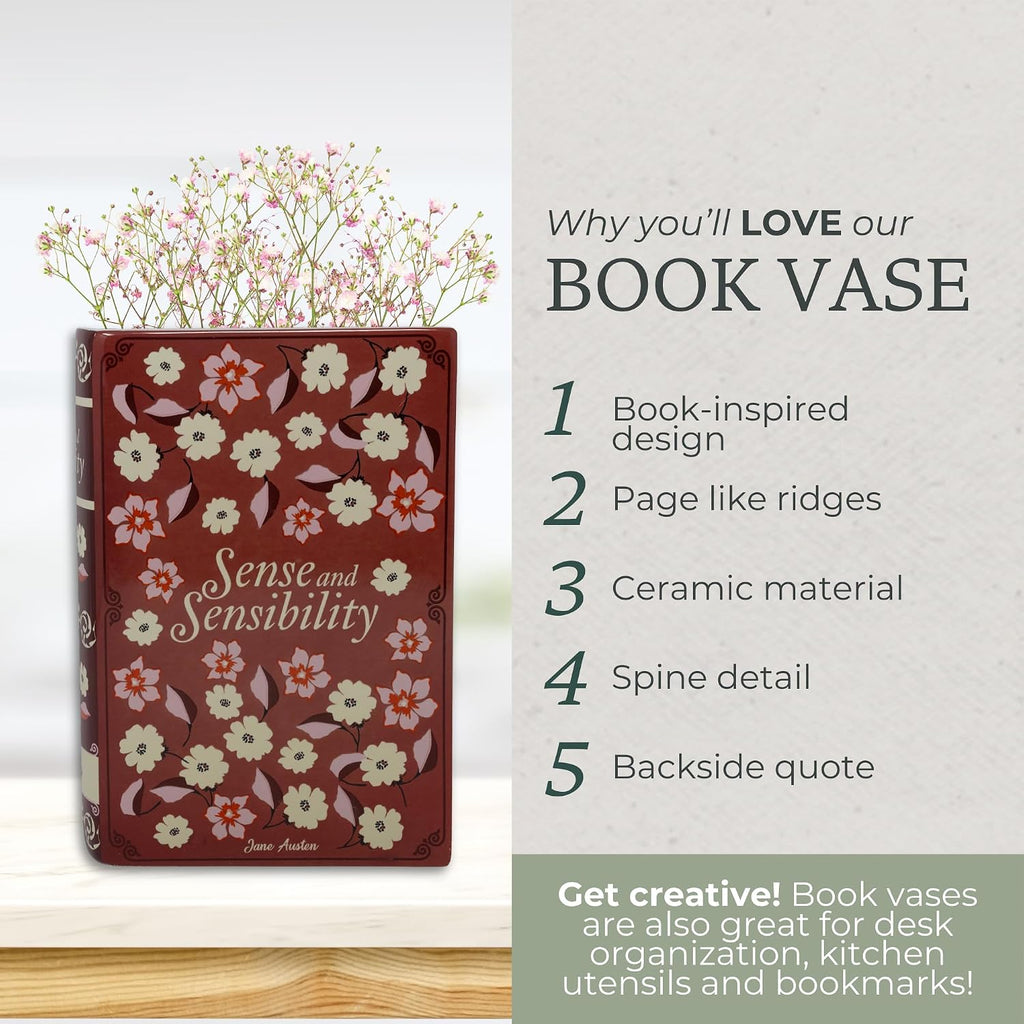 Steel Mill & Co Original Jane Austen Book-Shaped Decorative Vase, Ceramic Vases for Home Decor, Cute Bookshelf Decor, Unique Vase for Book Lovers (Sense and Sensibility)