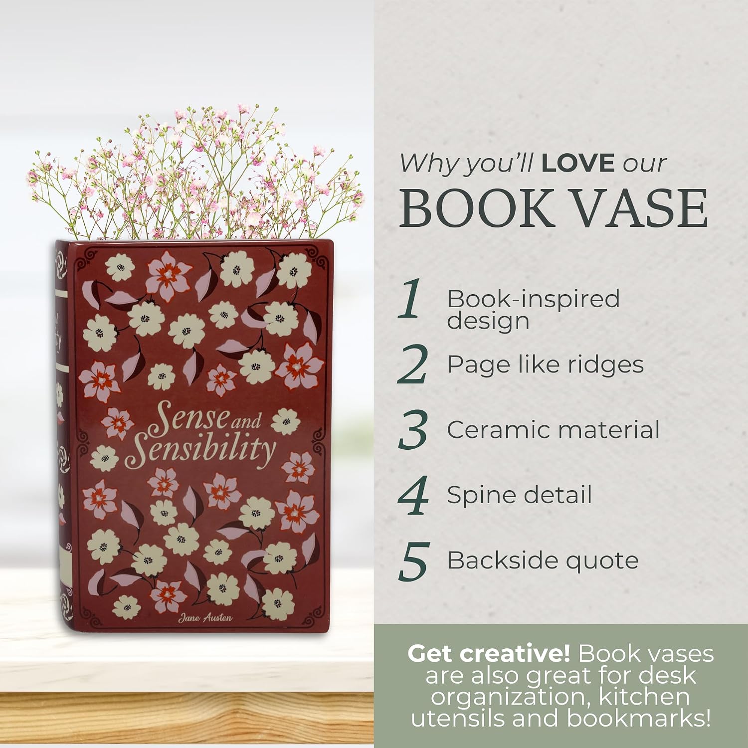 Steel Mill & Co Original Jane Austen Book-Shaped Decorative Vase, Ceramic Vases for Home Decor, Cute Bookshelf Decor, Unique Vase for Book Lovers (Sense and Sensibility)