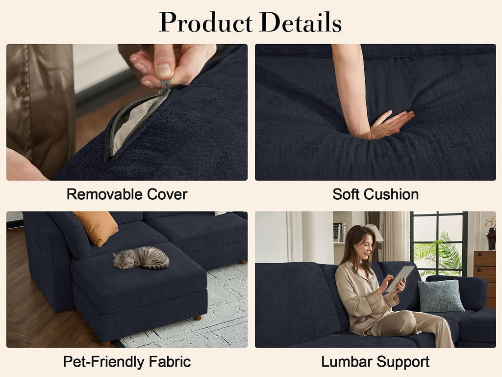 Oversized Modular Sectional Sofa, Blue 9 Seater Cloud U-Shaped Luxury Corner Sectional Couches for Living Room, Solid Wood Frame Sofa, Removable Washable Cover, Large chenille Deep Seat Couch