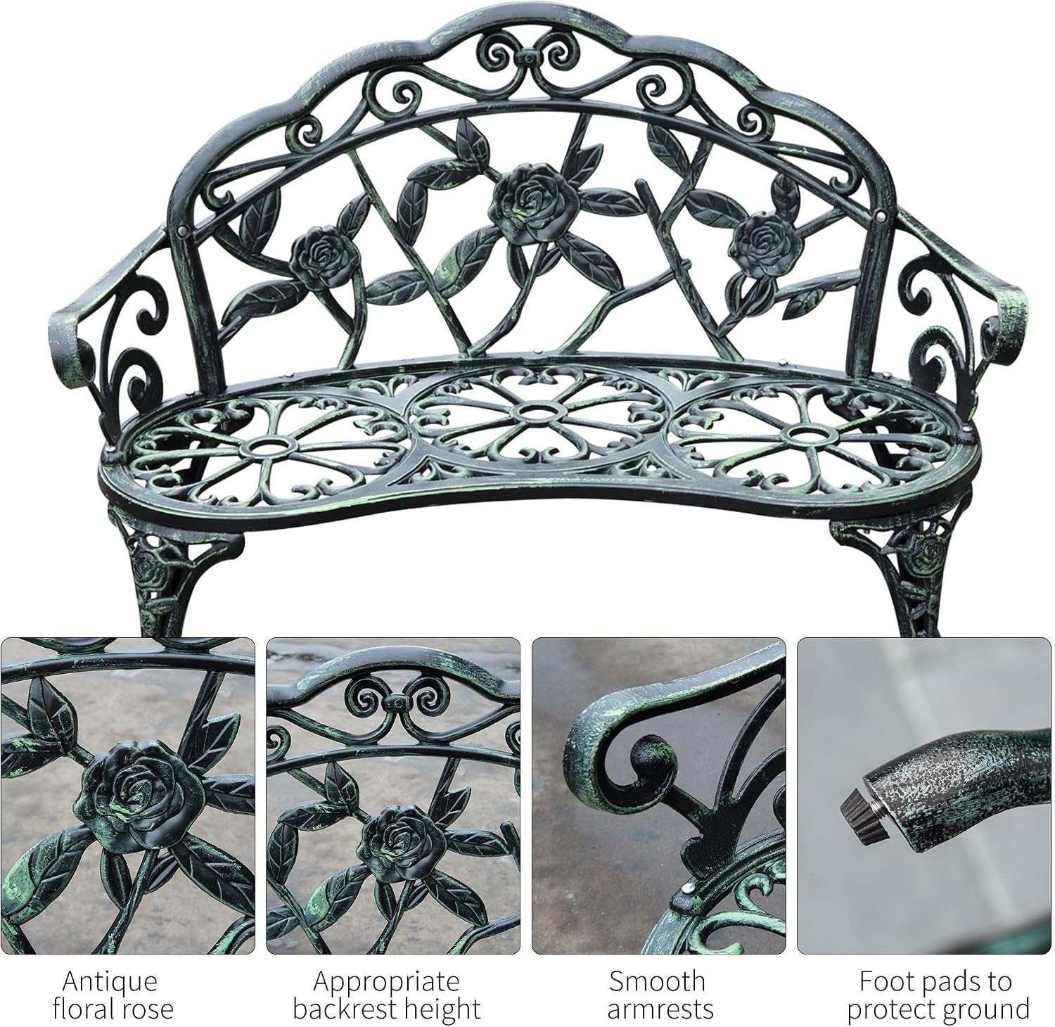 Cast Aluminum Vintage Antique Green Floral Rose Pattern Design Weather Resistant Strong Built Durable Outdoor Loveseat Luxury Finish