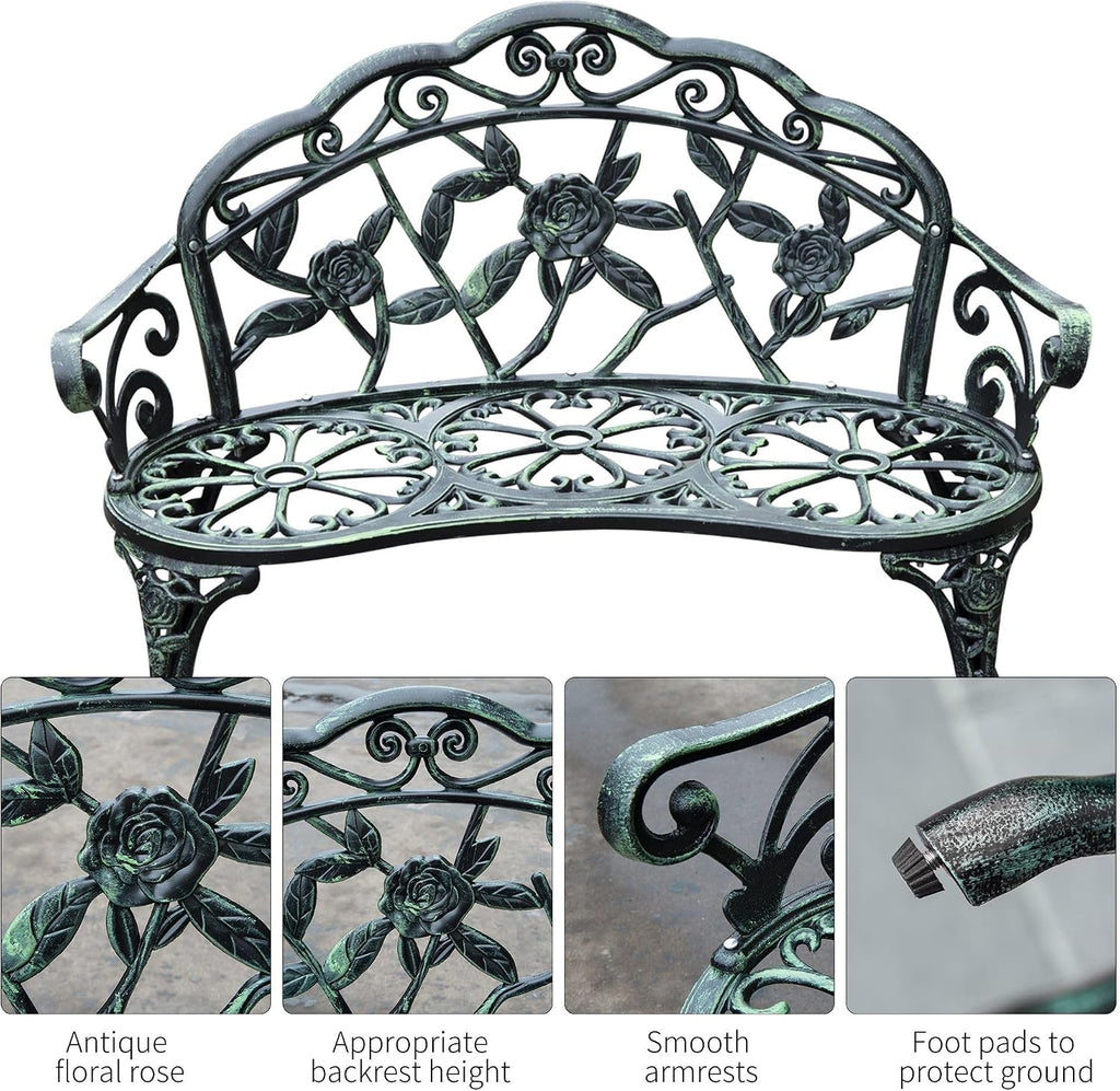Floral Rose Design Antique Green Cast Aluminum FFor rame Weatherproof Premium Heavy Duty Durable Outdoor Loveseat