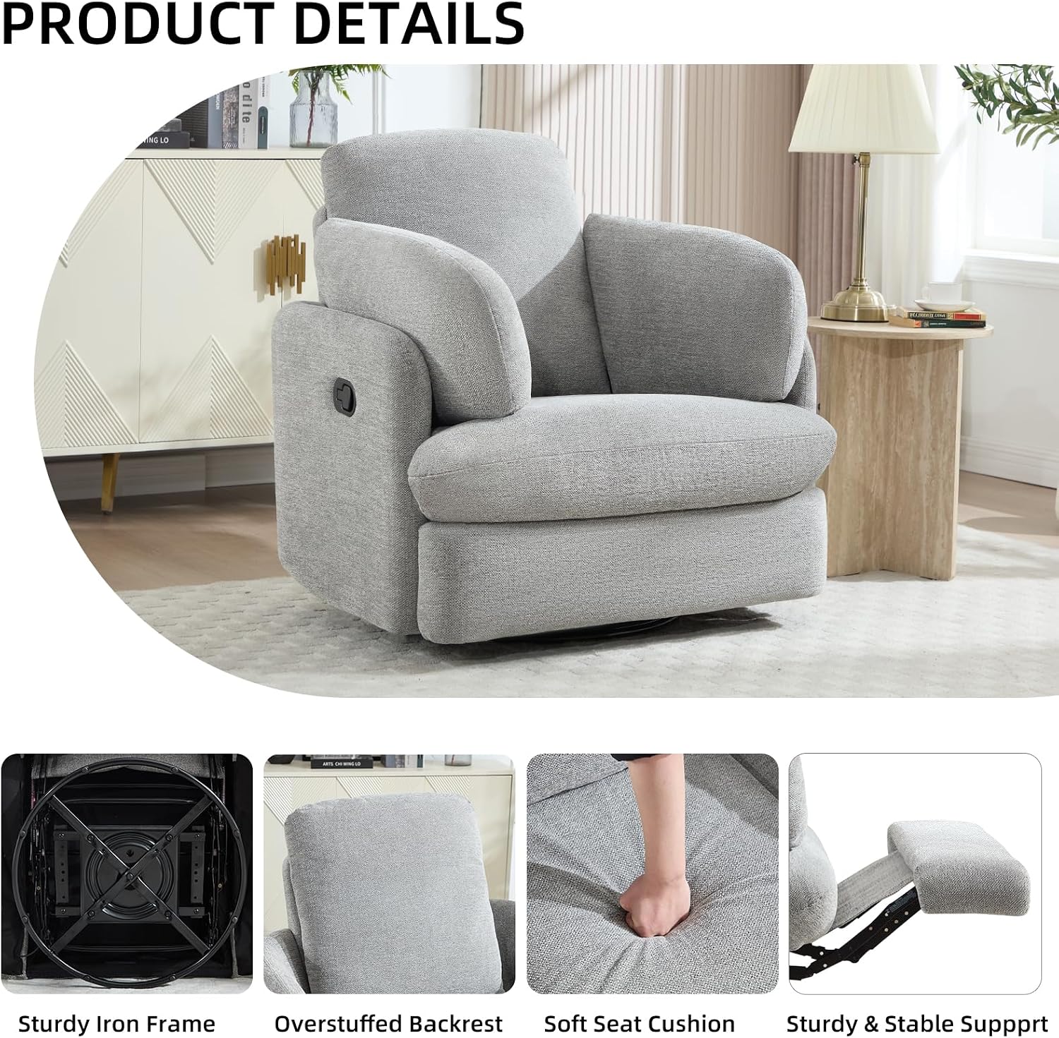 CANMOV Swivel Rocker Recliner, Manual Recliner Chair for Adults, Nursery Glider Rocking Chair with 2 Bolster Pillows and Hidden Storage, Light Grey