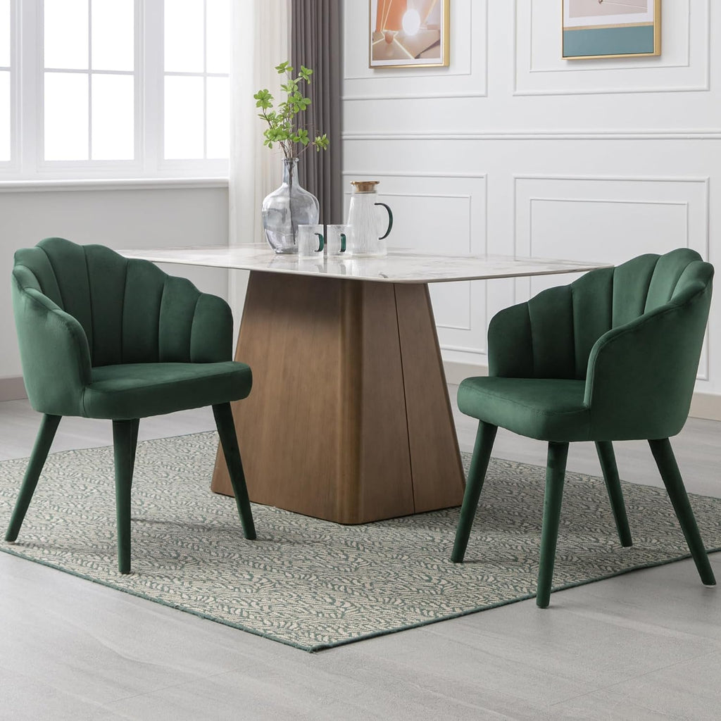 Velvet Dining Chairs Set of 2 Modern Living Room Chairs with Petal Back & Wood Legs Comfy Upholstered Accent Chair Side Chair for Dining Room/Bedroom/Vanity, Green