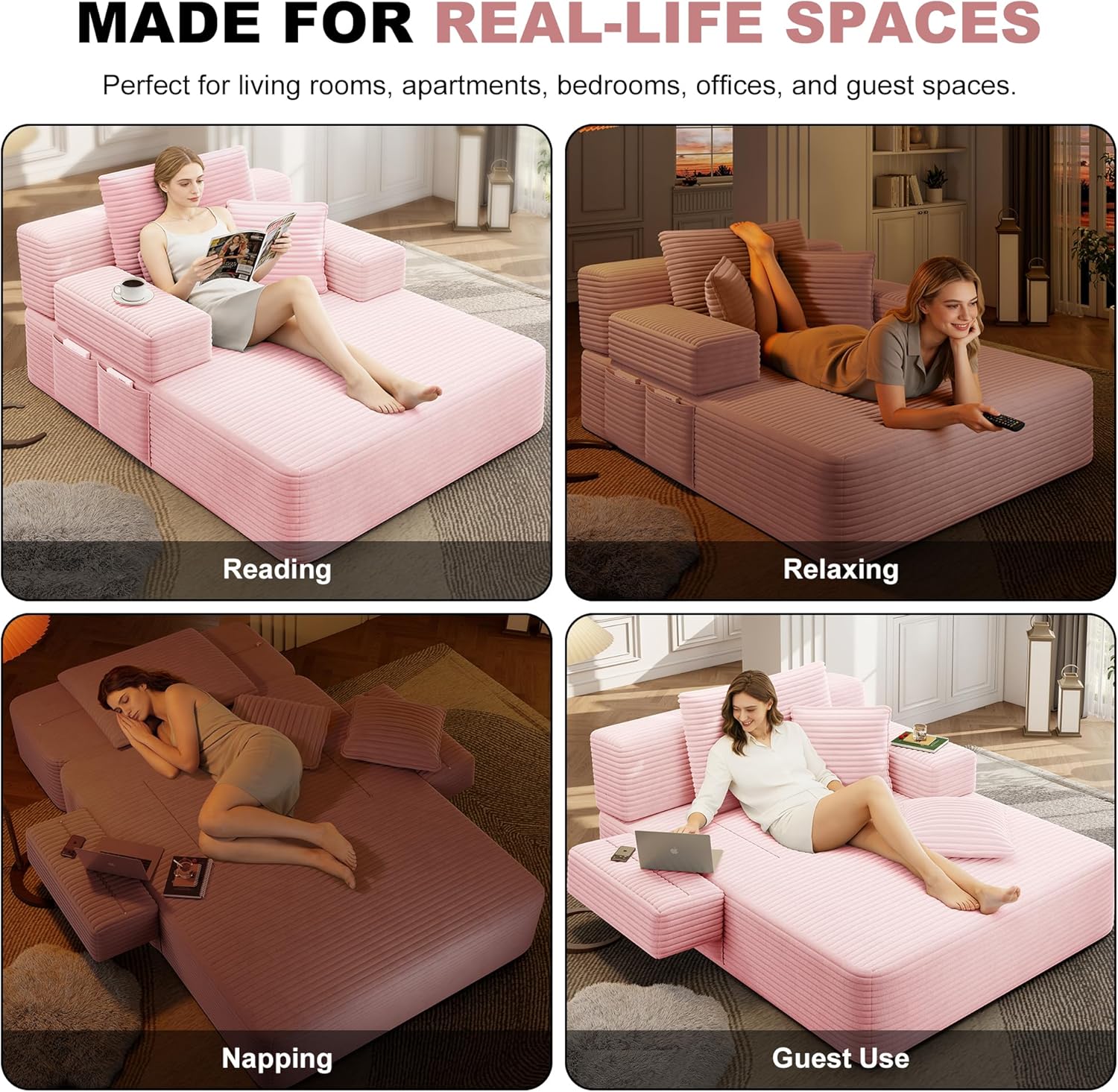 60.2" Oversized Chaise Lounge Chair, Boneless Corduroy Cloud Couch, Deep Seat Convertible Sofa Bed with 3 Pillows, Wide Armrests, Side Pocket, No Assembly (Baby Pink)