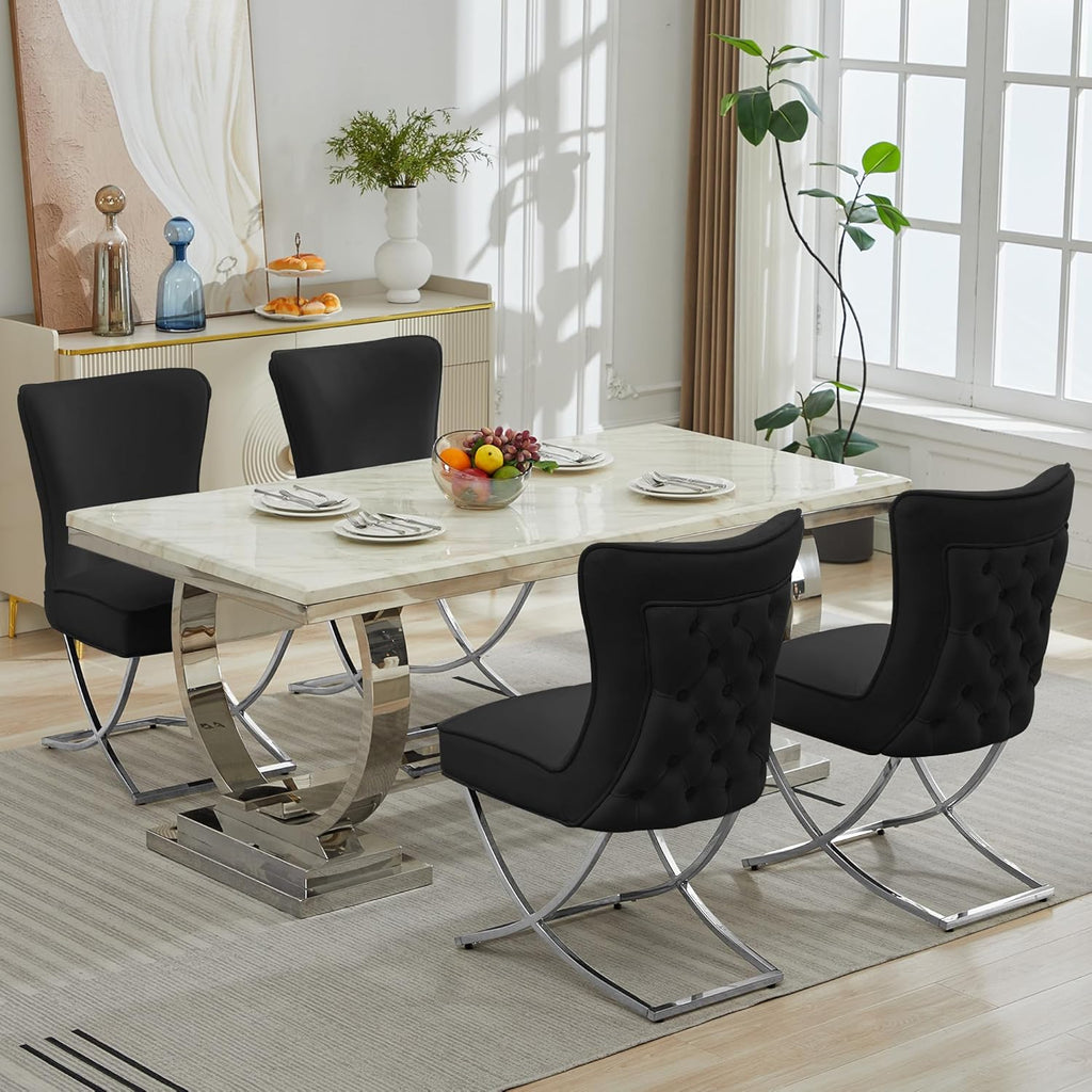 LOULENS Elegance Velvet Dining Chairs Set of 2, Luxurious Upholstered Tufted Dining Room Chairs, Glam Royal Velvet Accent Chairs with Stainless Steel Legs, Black
