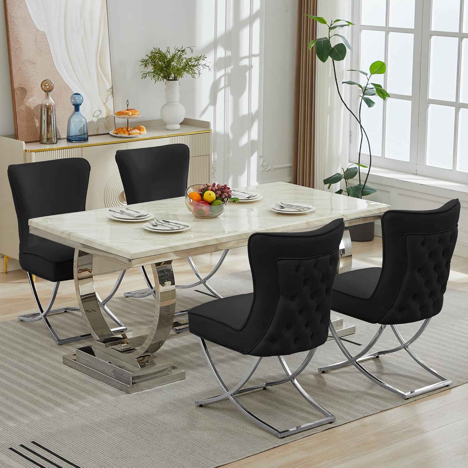 LOULENS Elegance Velvet Dining Chairs Set of 2, Luxurious Upholstered Tufted Dining Room Chairs, Glam Royal Velvet Accent Chairs with Stainless Steel Legs, Black