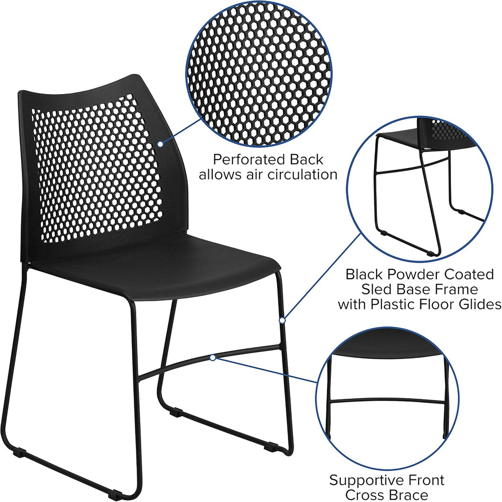 EMMA + OLIVER Home and Office Black Sled Base Stack Chair with Air-Vent Back - Guest Chair